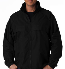 Black Hooded Zip-Front Pack-Away Jacket